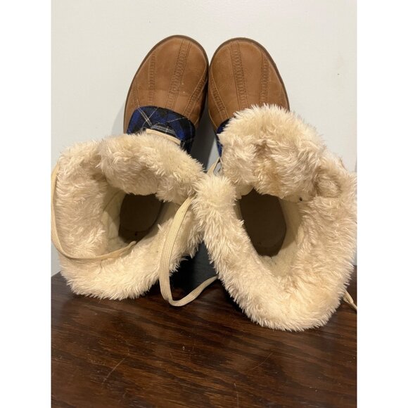 Plaid Lace-Up Winter Duck Boots w/ Faux Fur Lining Size 9 Brown & Blue - Picture 7 of 9